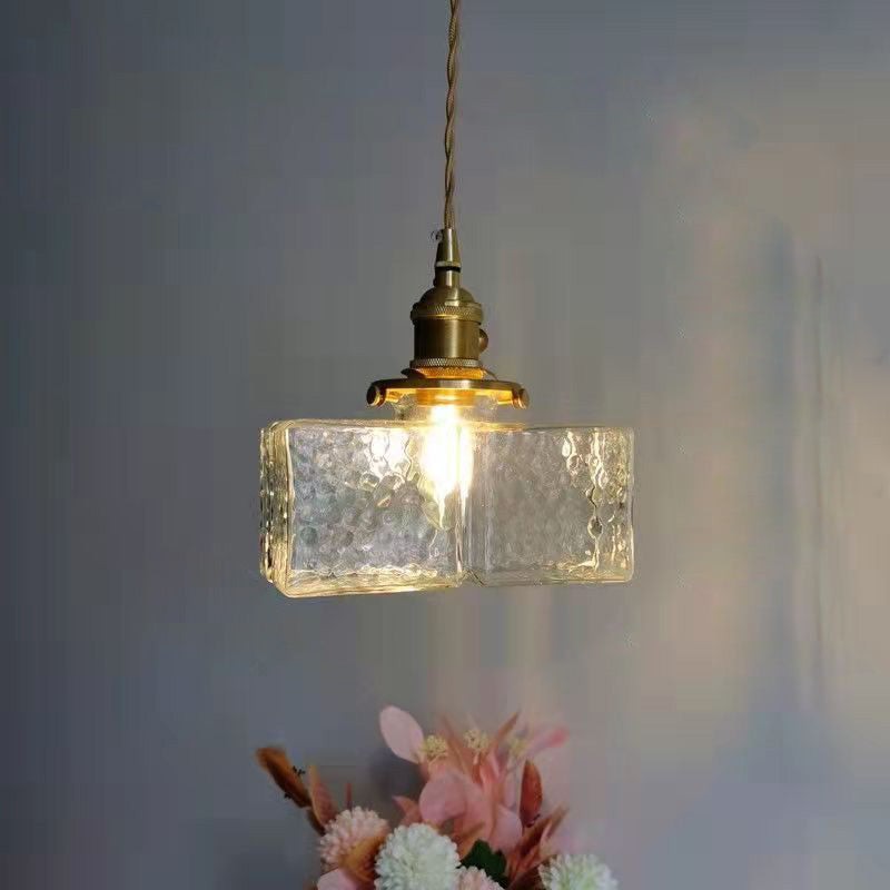 Traditional Vintage Square Rectangle Ripple Glass Iron 1-Light Pendant Light For Living Room K1282