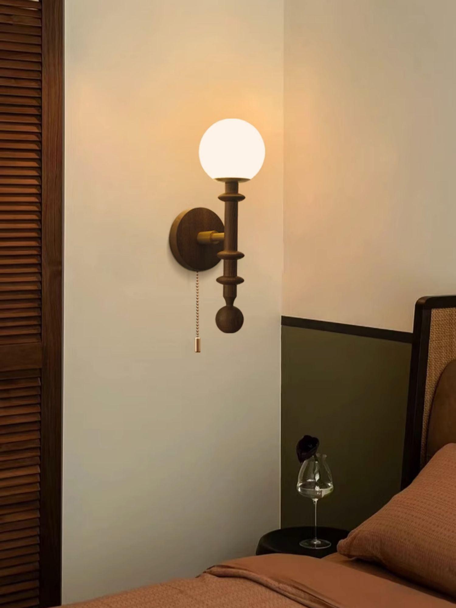 French Simple Vintage Bedside Wooden Glass Wall Lamp K639