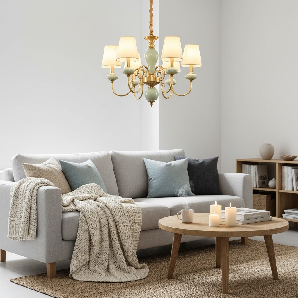 Altoris Series Branch Chandelier with Fabric Shades - Brass Ceramic Chandelier for Living Room K2308