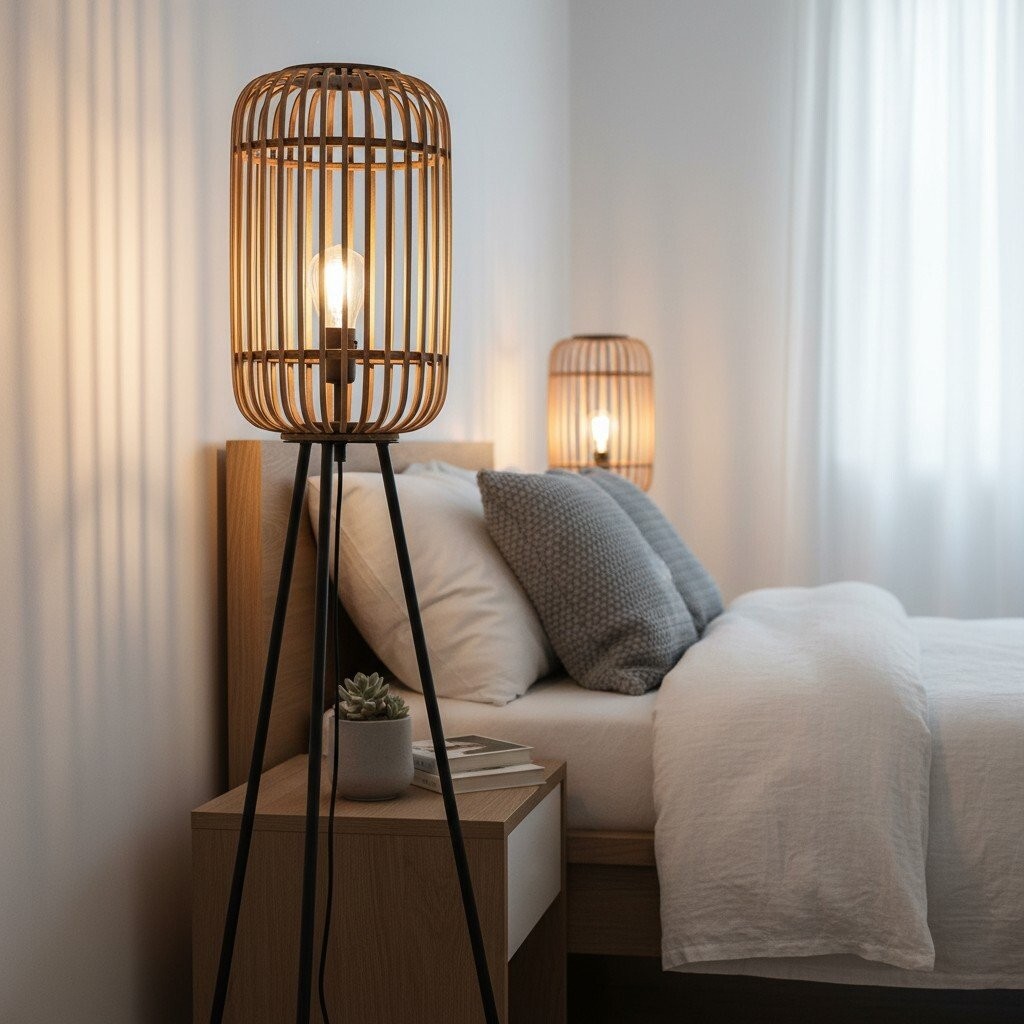 Yumeko Natural Woven Floor Lamp - Modern Scandi Bamboo Shade Standing Lamp for Bedrooms or Living Rooms K1940