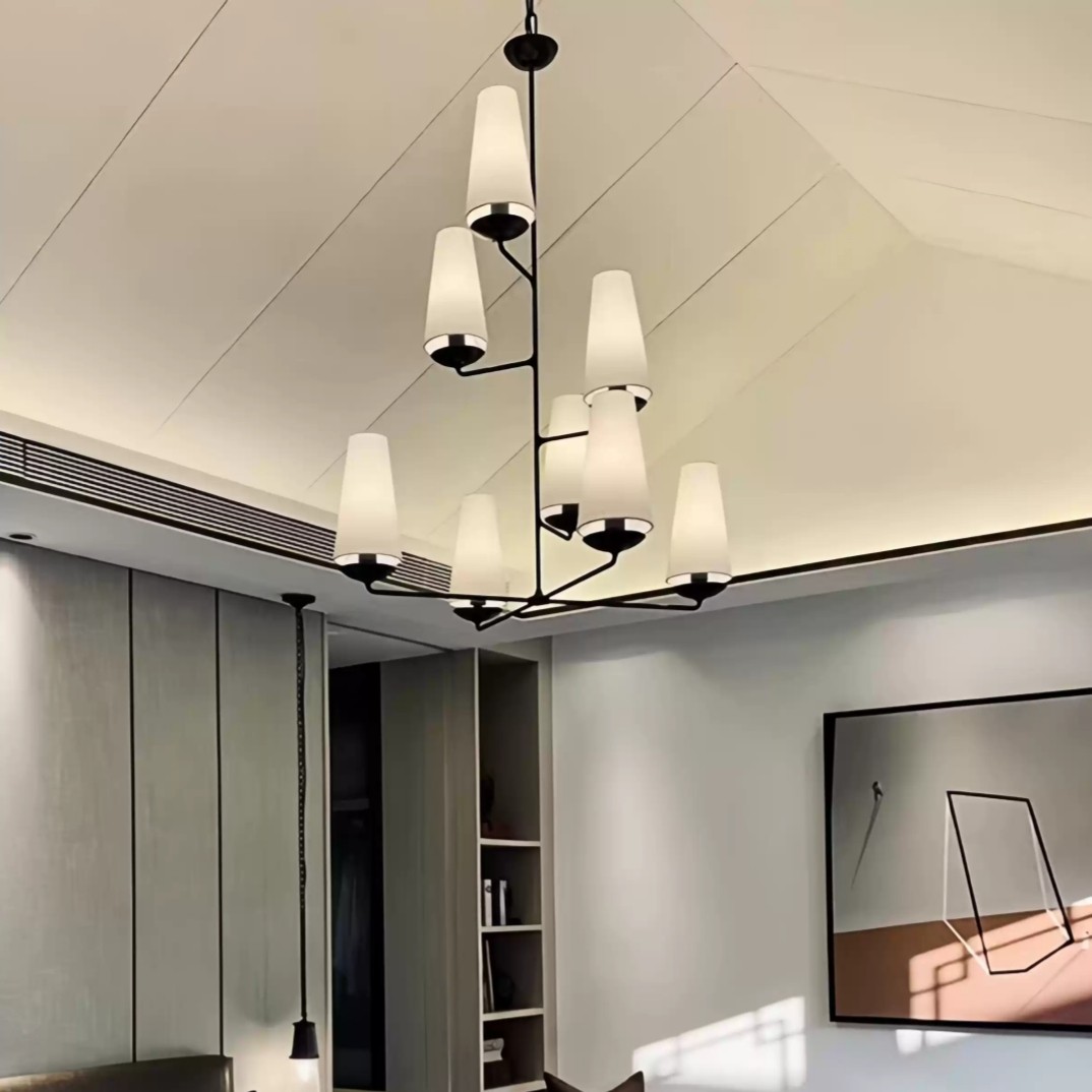 VertiFount Vertical Cascading Chandelier - Multi-Level Linen Shades For Stairwells & Vaulted Ceilings K1199