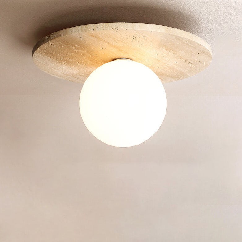 Japanese Minimalist Round Yellow Travertine Shade 1-Light Semi-Flush Mount Ceiling Light K844