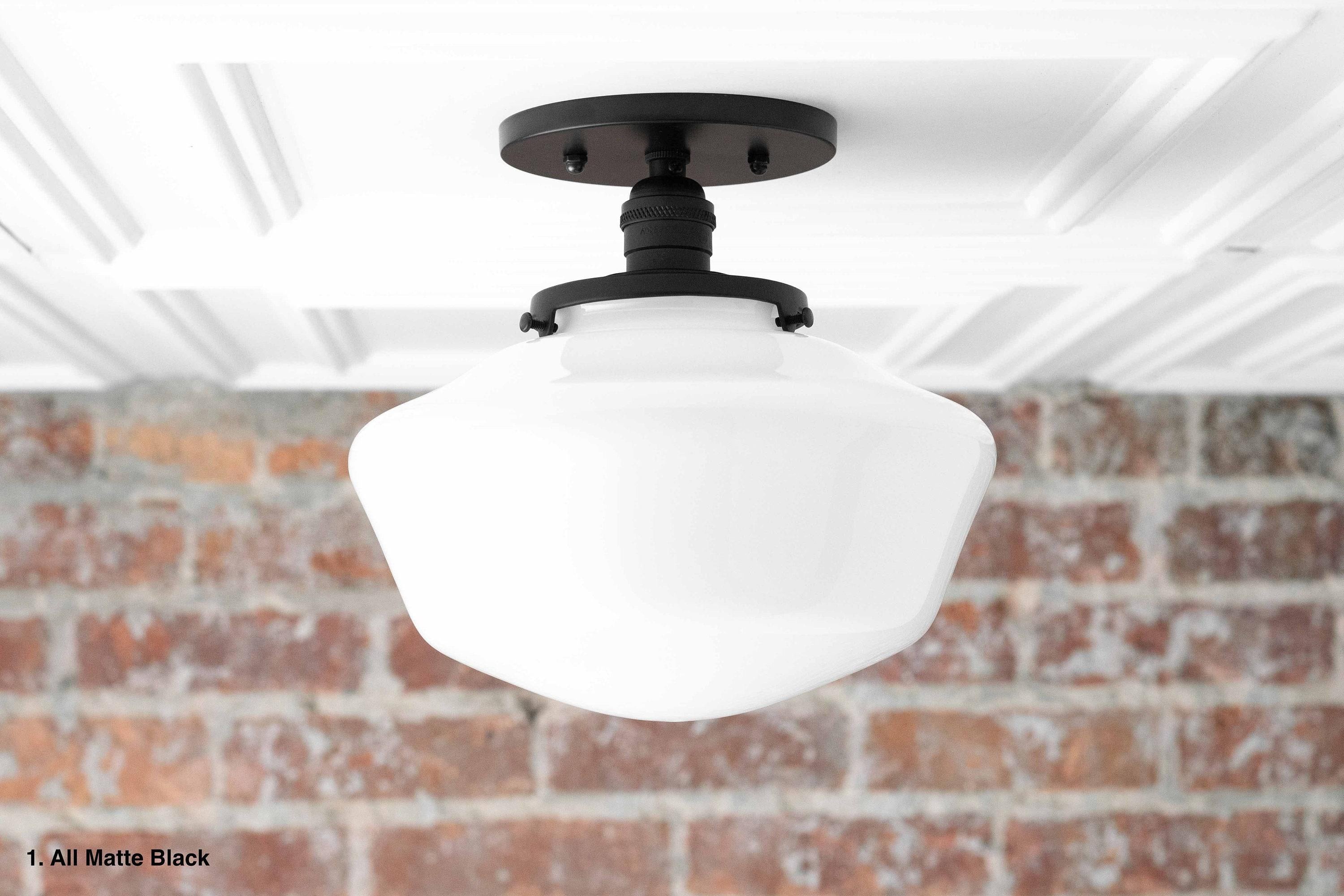 Geotower Glass Brass Ceiling Light - Opal Glass Schoolhouse Shade - Modern Elegance K1529