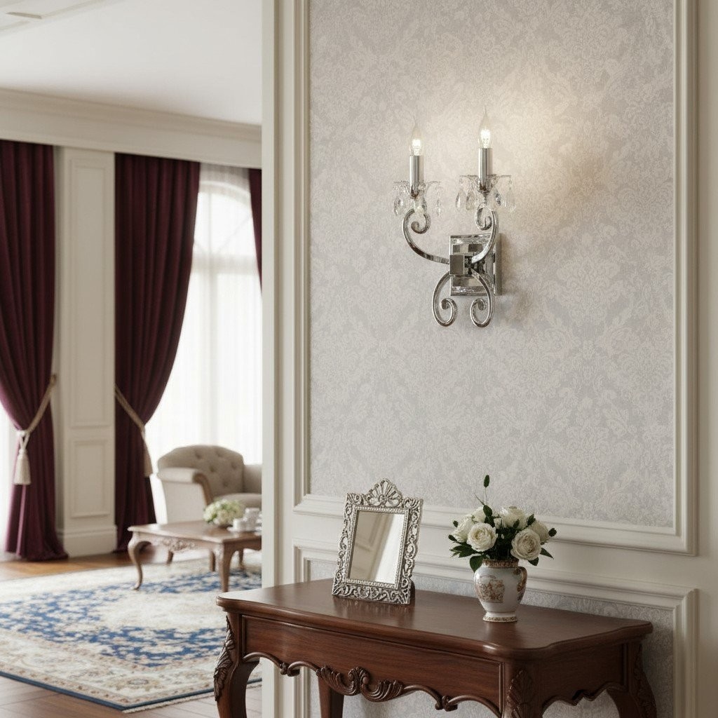 Talonis Crystal Accent Wall Light - Curved Chrome Arm Design for Living and Hallway Spaces K1953