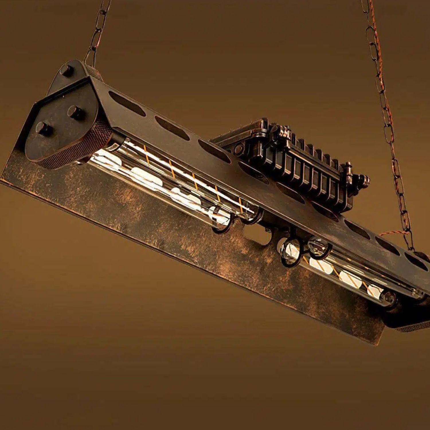 Industrax Steampunk  Linear Chandelier - Vintage Metal Frame Lighting for Dining or Living Room K2087