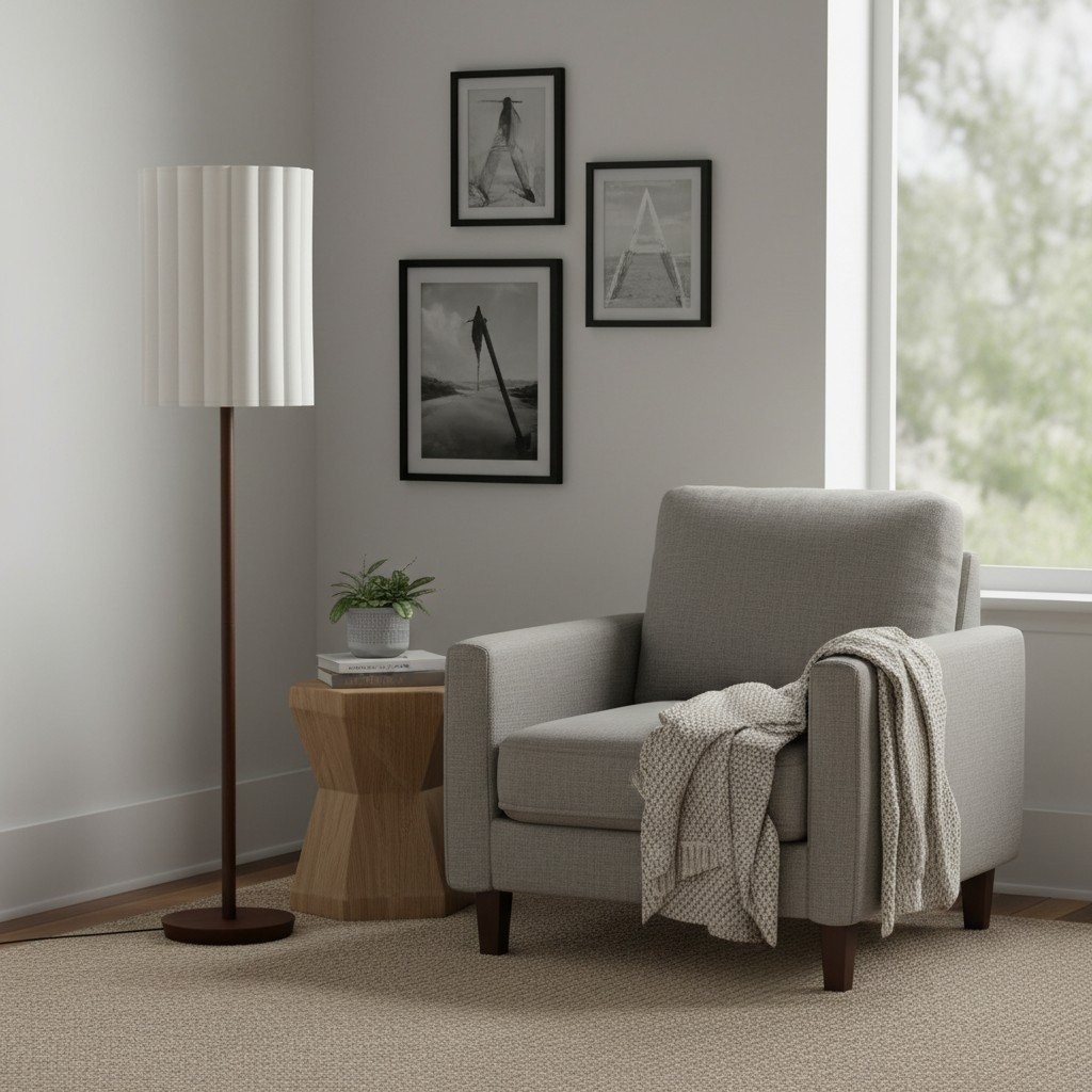 Linbron Wood Floor Lamp with Fluted Linen Shade - Scandinavian Modern Floor Light for Living Area K1683