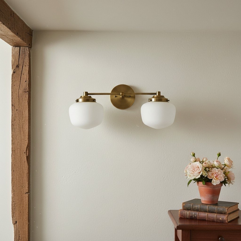 Opalume Glass Art Deco Vanity Light - Bathroom Wall Sconce with White Glass Shades K1431