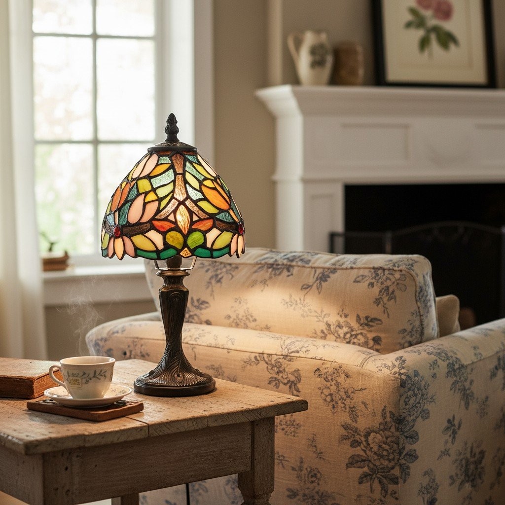 Calyra Vintage Floral Stained Glass Table Lamp - Art Deco Tiffany Style Accent Light for Bedside and Living Room K1859