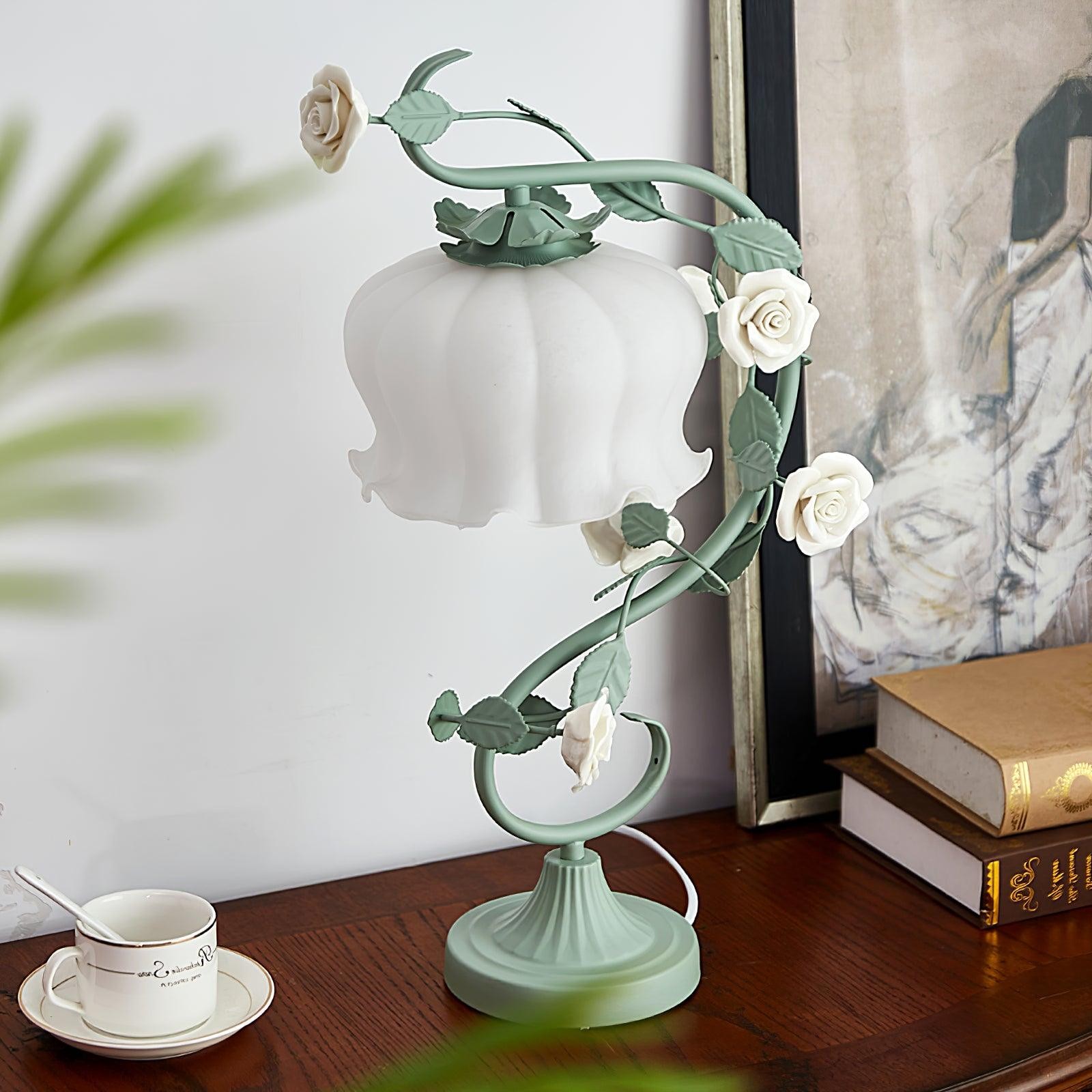 Green Pink White Rose Flower Table Lamp K640
