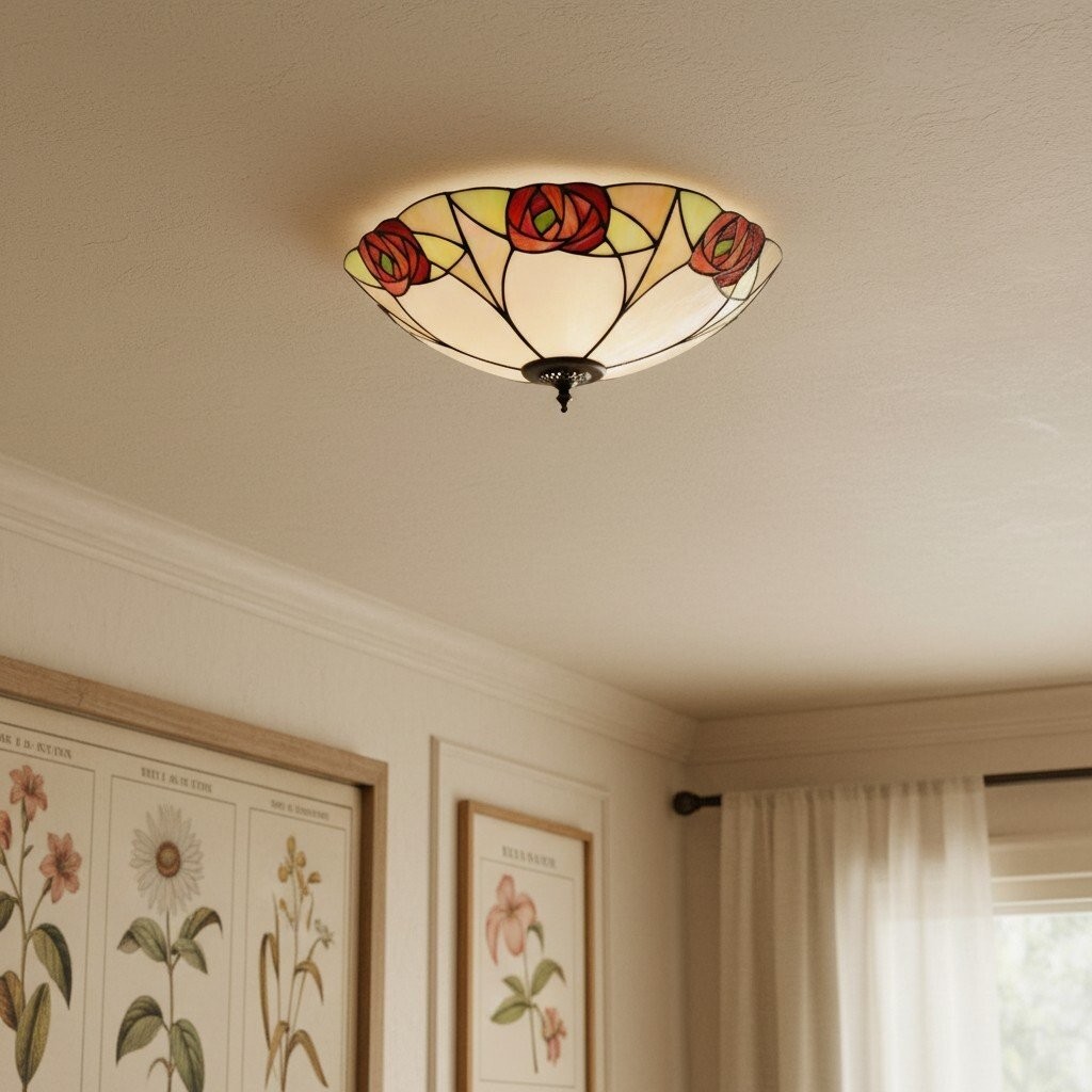 TF Ingram Handcrafted Stained Glass Ceiling Lamp - Vintage Art Deco Tiffany Light for Dining Room K1992