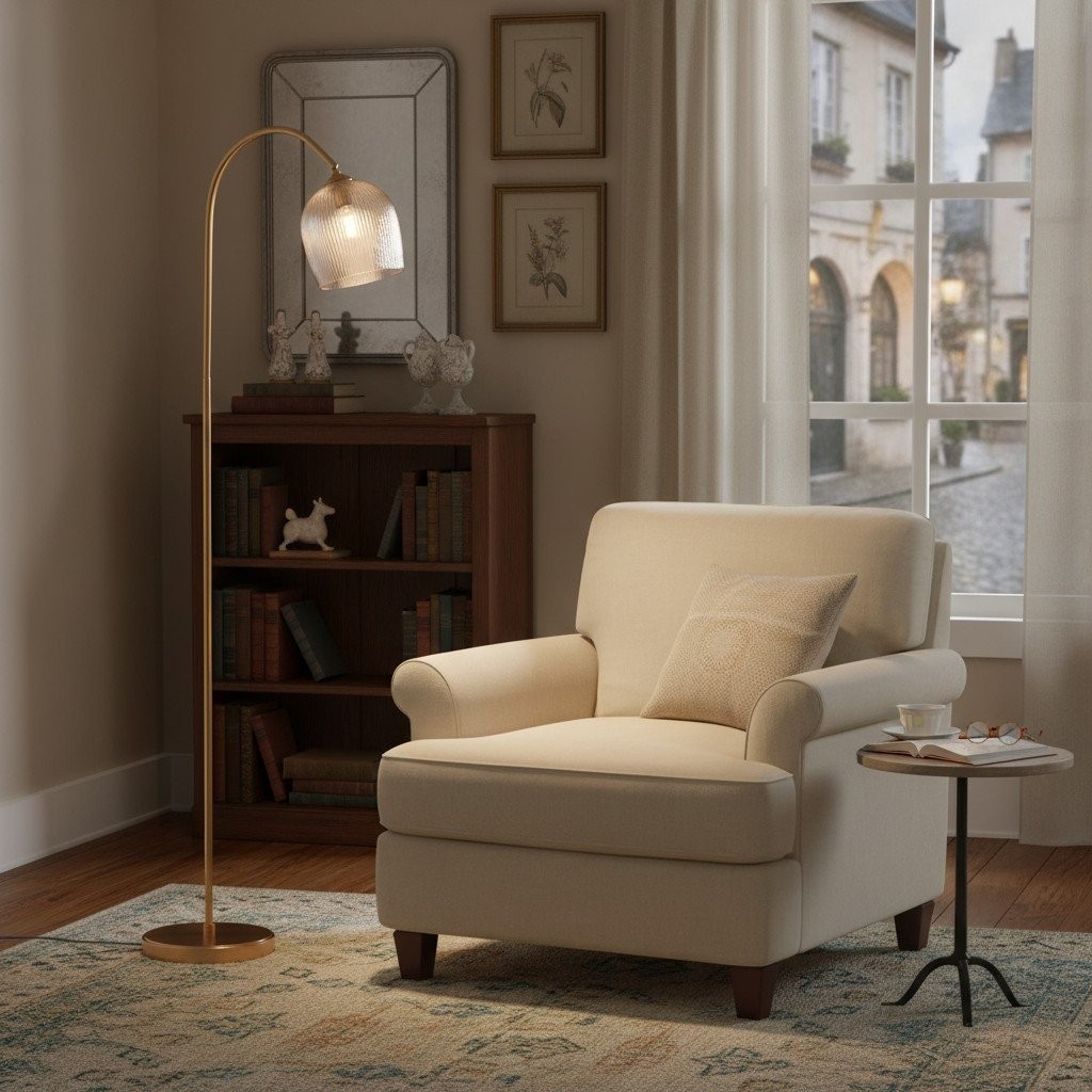 Brazara Adjustable Glass Shade Floor Lamp - Curved Metal Stem for Living Spaces K1864