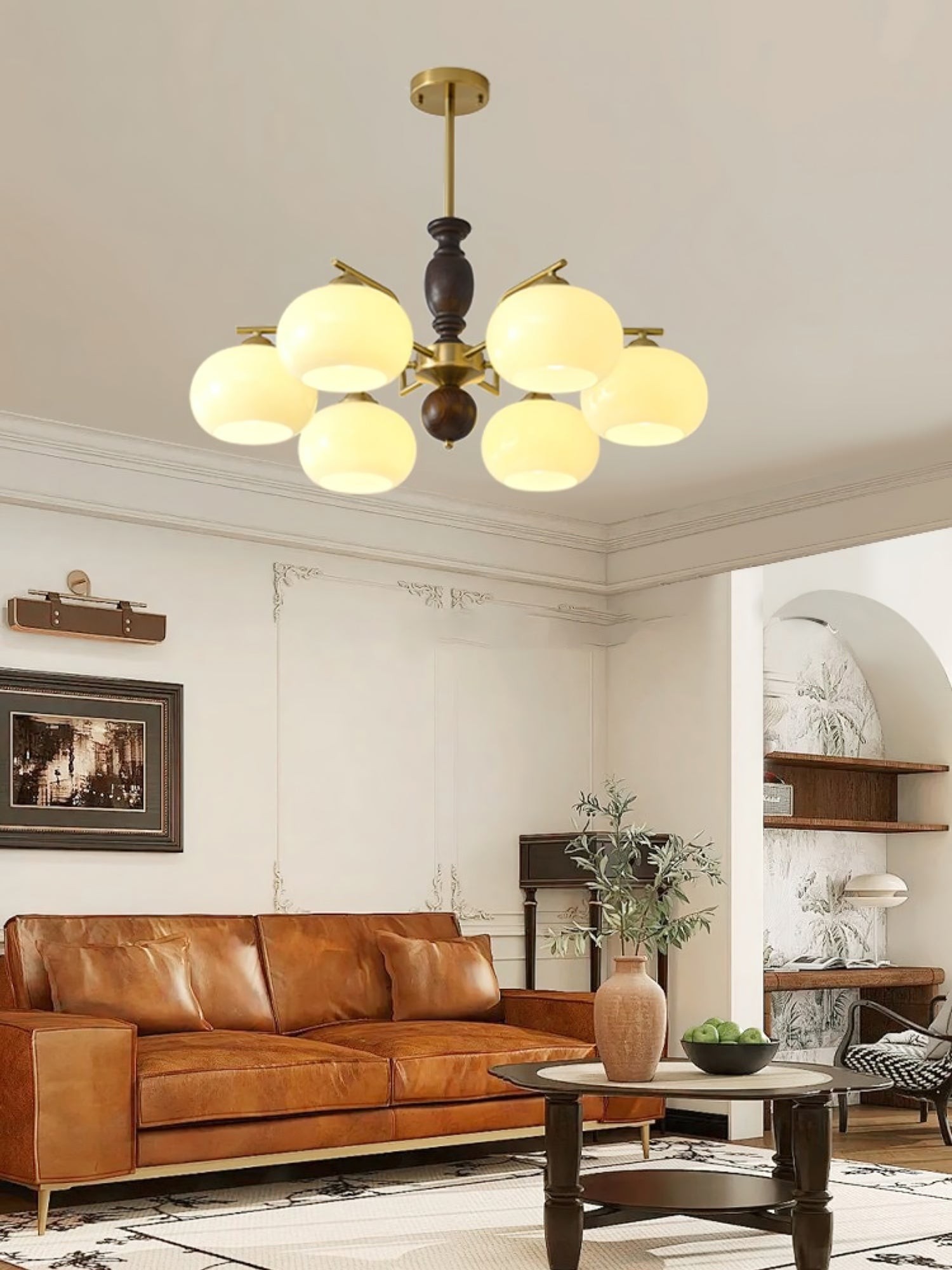 Medieval Style Walnut Beige Orb Chandelier K763