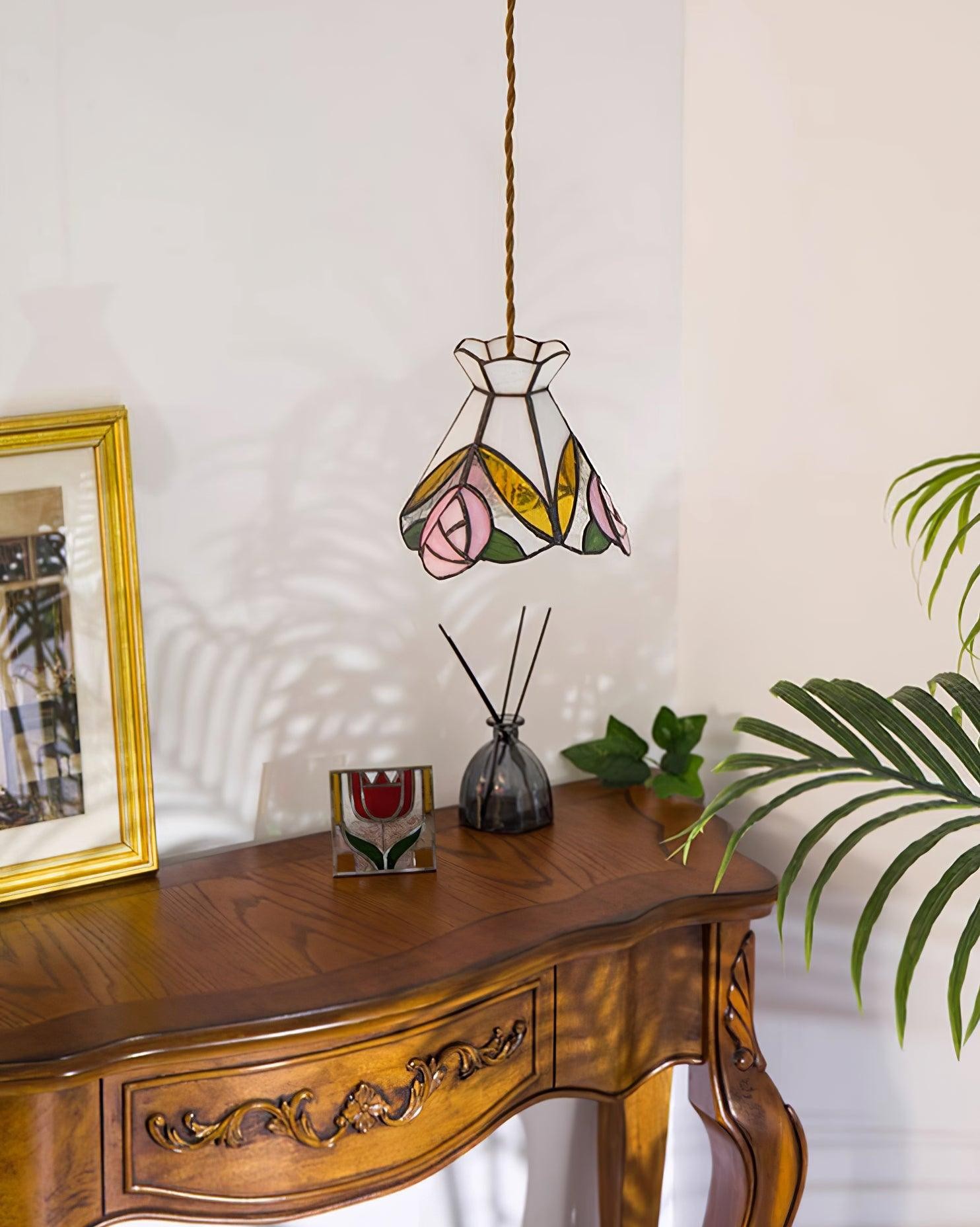 French Retro Rose Stained Glass Pendant Lamp K701