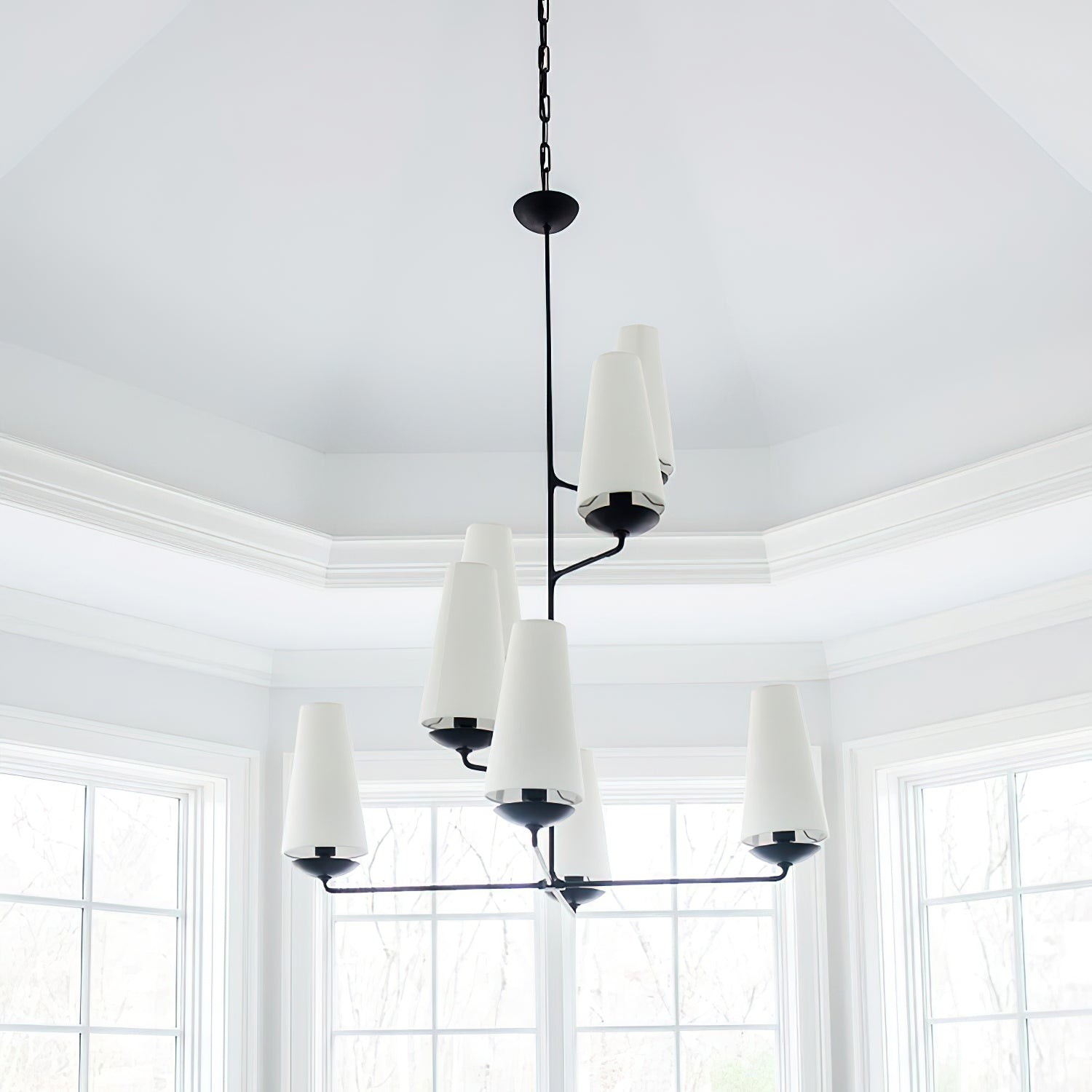 VertiFount Vertical Cascading Chandelier - Multi-Level Linen Shades For Stairwells & Vaulted Ceilings K1199