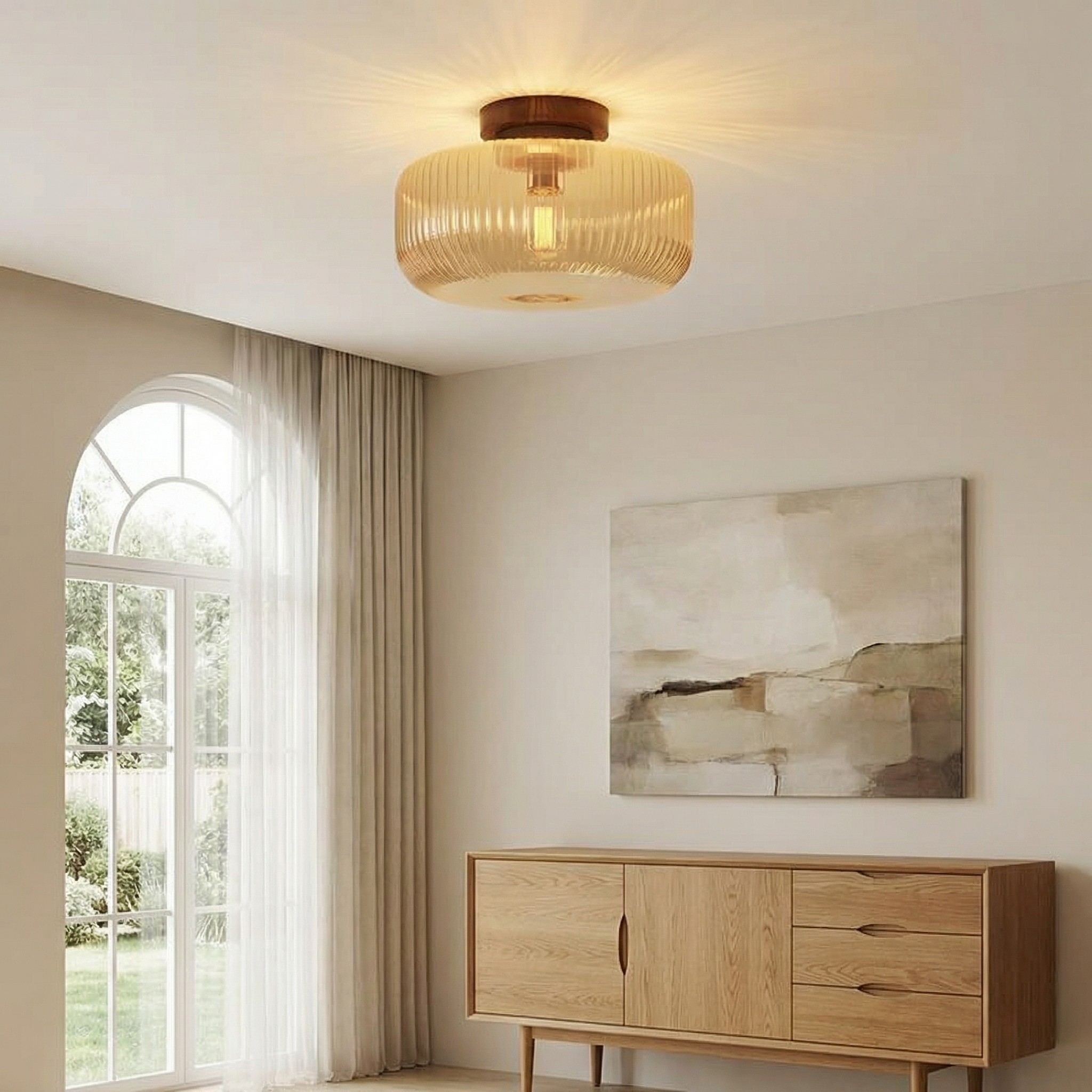 Amberflow Vintage Ribbed Glass Ceiling Light - Amber Glass Flush Mount Fixture for Hallway K2248
