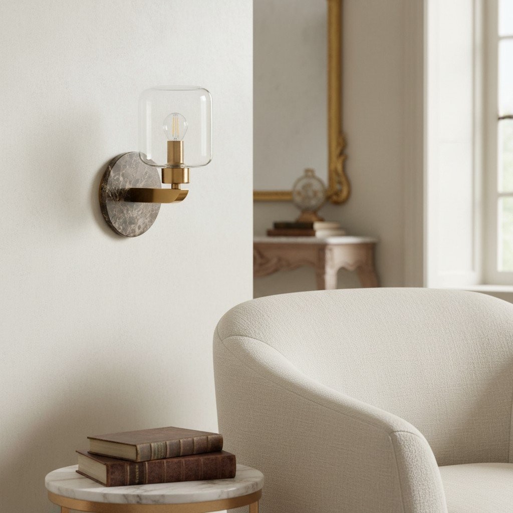 Korlisse Modern Marble Wall Light - Vintage Brass & Clear Glass Accent for Living Room and Hallway K1918