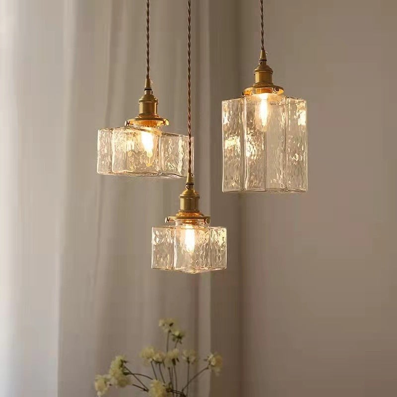 Traditional Vintage Square Rectangle Ripple Glass Iron 1-Light Pendant Light For Living Room K1282
