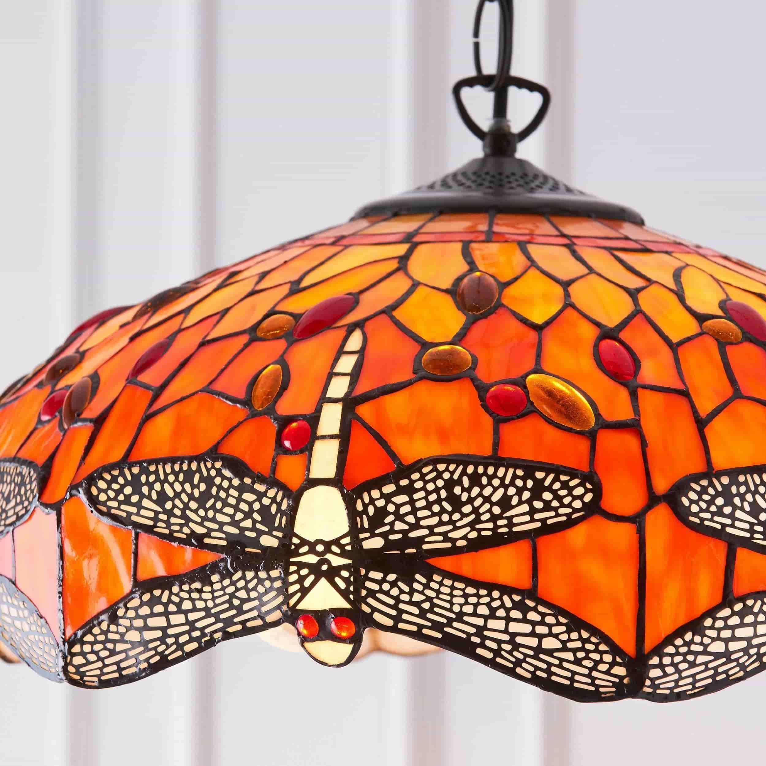 TF Dragonfly Tiffany Pendant Light - Art Nouveau Stained Glass Pendant for Living K1816