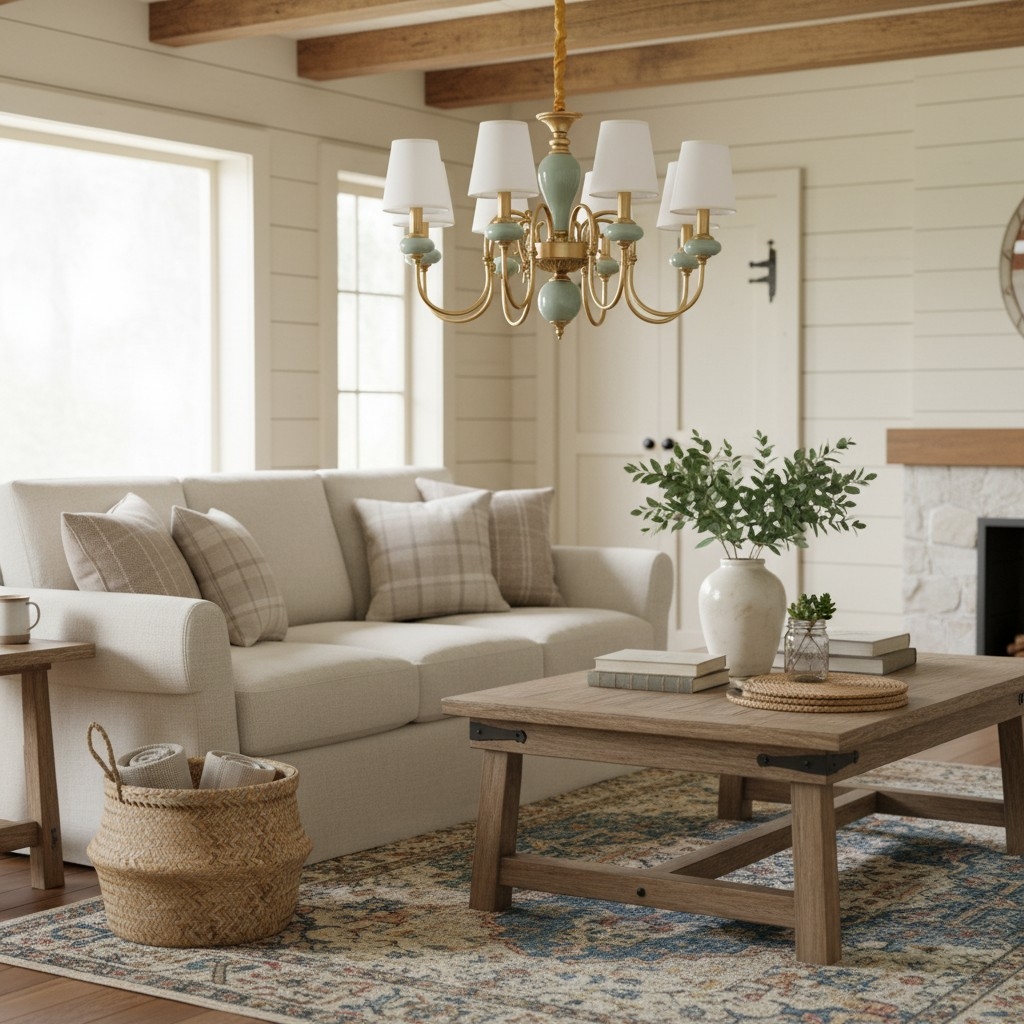 Altoris Series Branch Chandelier with Fabric Shades - Brass Ceramic Chandelier for Living Room K2308