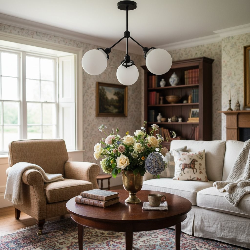 Glorica Glass Chandelier - Brass Globe Ceiling Light with Opal Shade K1468