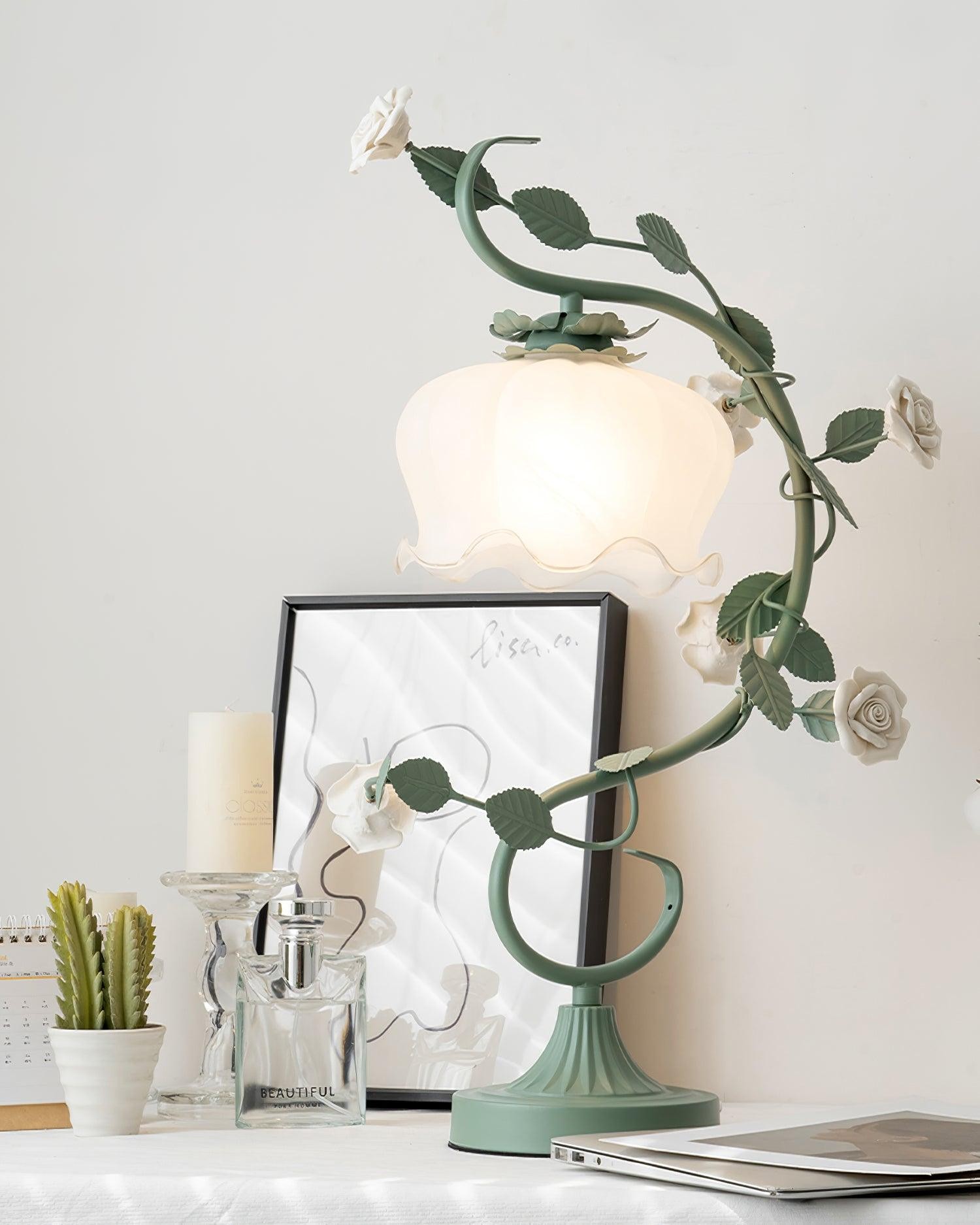 Green Pink White Rose Flower Table Lamp K640