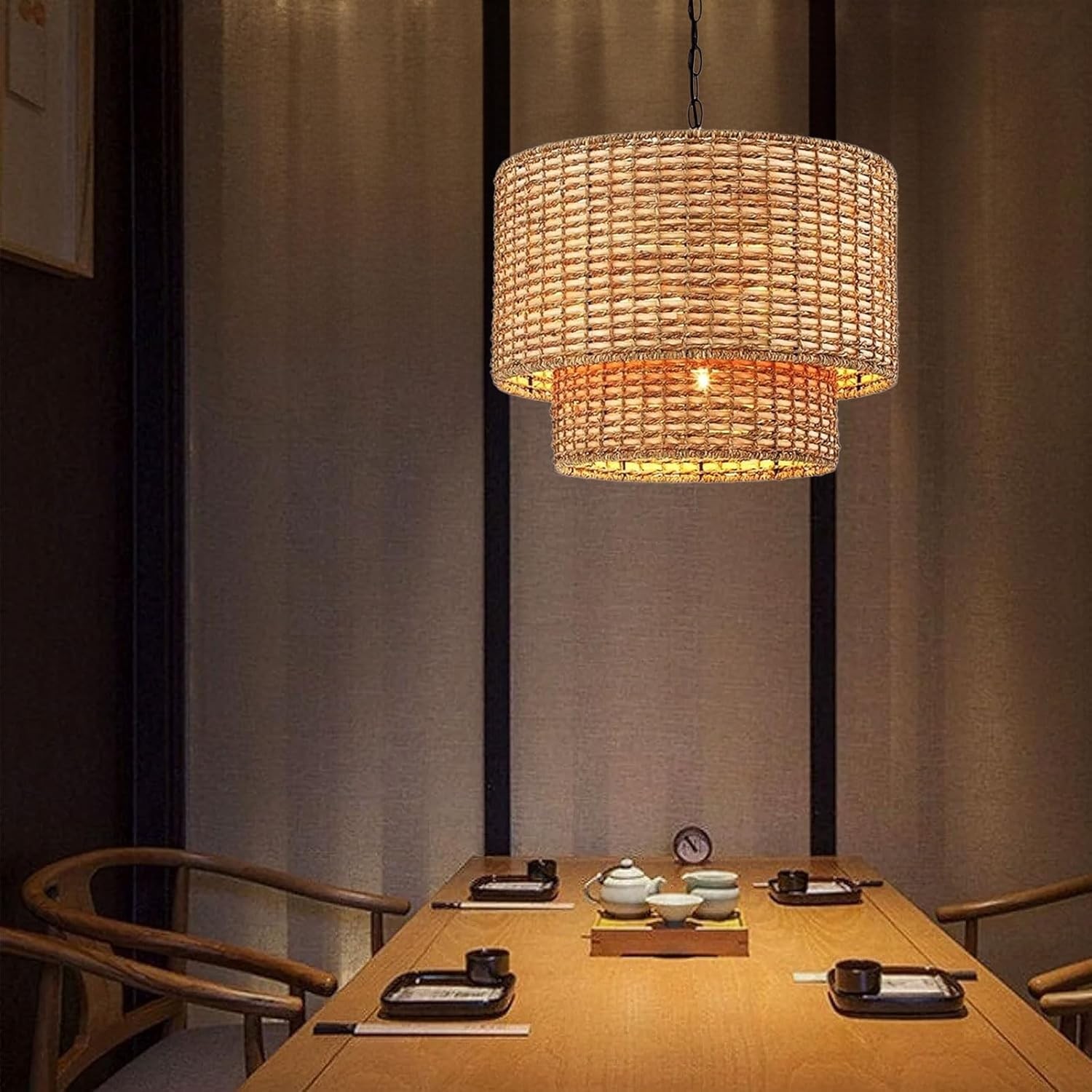 Natural Rattan Double Drum Pendant Light With Black Canopy K815