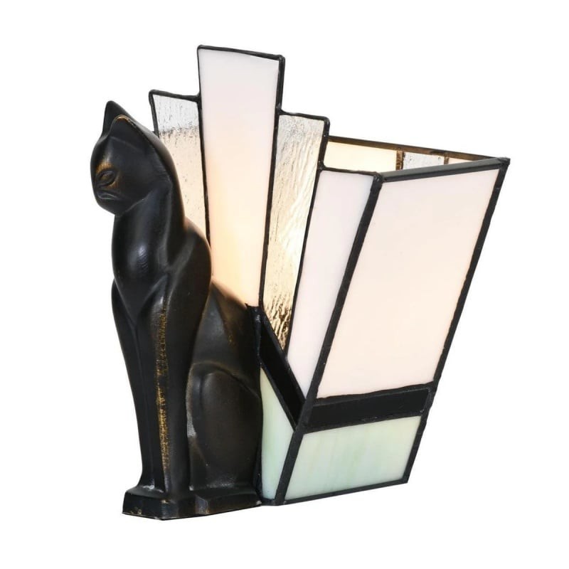TF Felix Table Lamp - Art Deco Design with Glass Shade and Cat Figurine for Living Room or Bedroom K1956