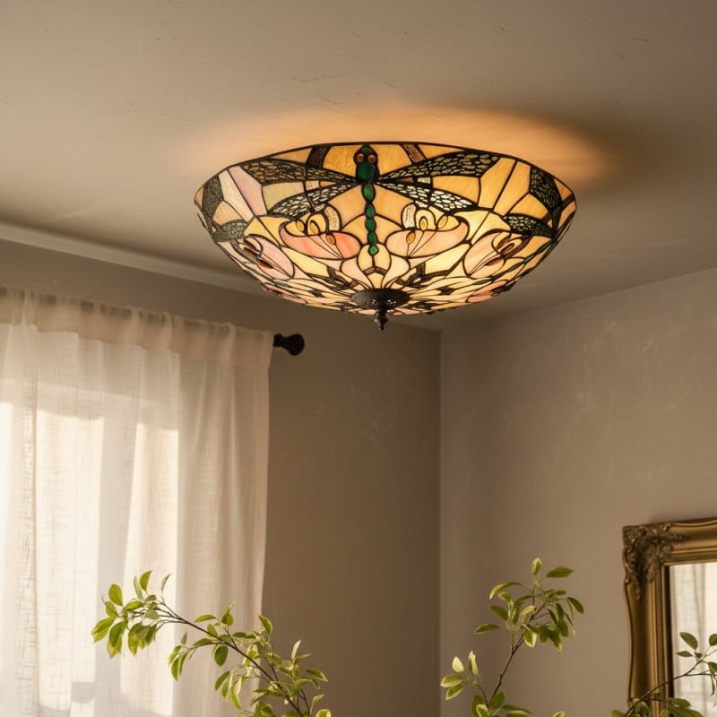 TF Ashton Tiffany Dragonfly Motif Tiffany Glass Flush Surface Mount - Transitional Style for Bedrooms and Lounge Spaces K2029