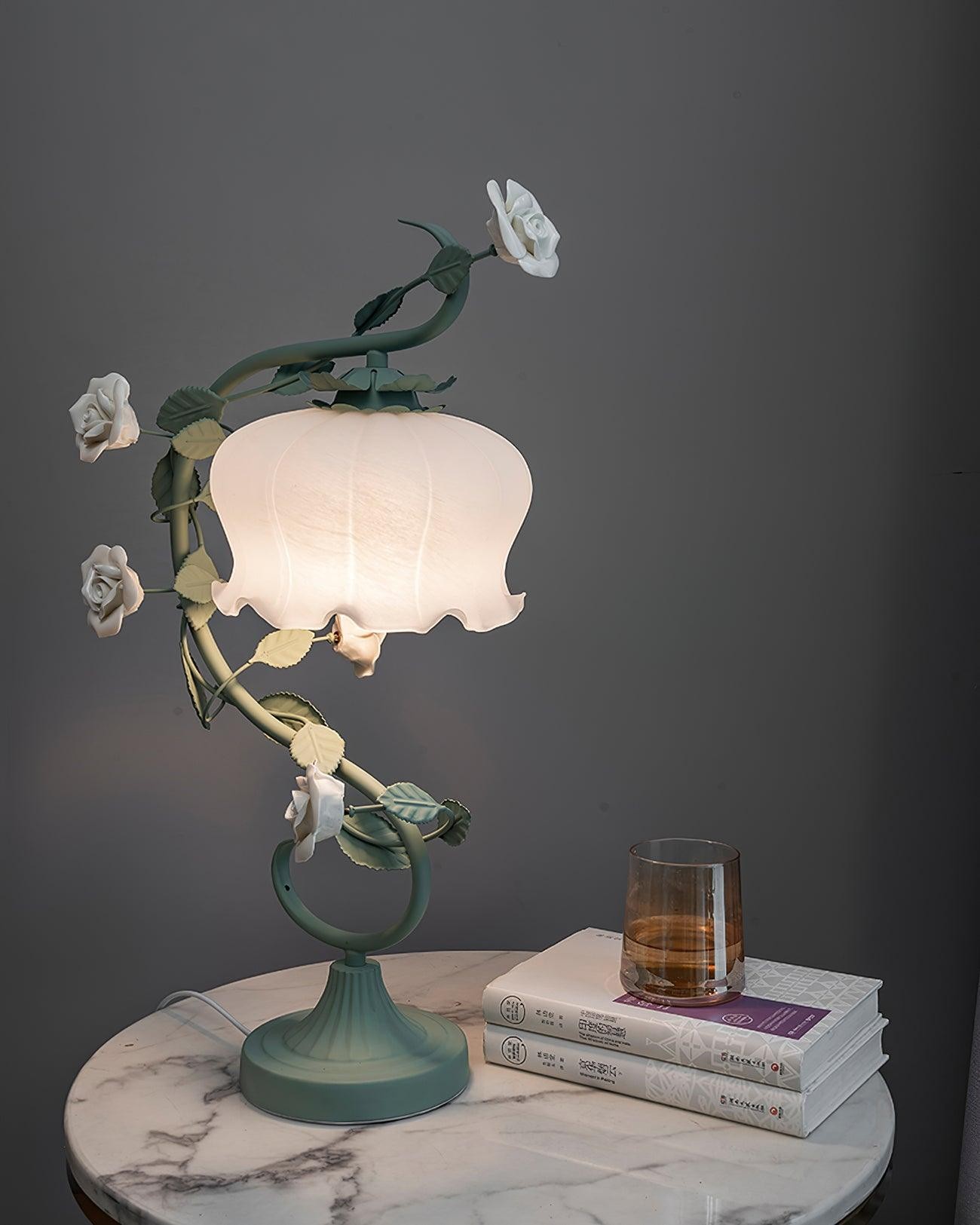 Green Pink White Rose Flower Table Lamp K640