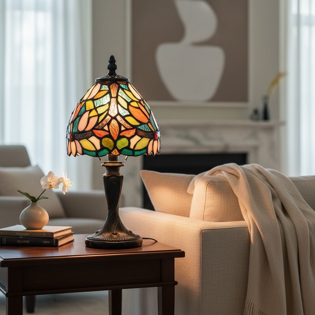 Calyra Vintage Floral Stained Glass Table Lamp - Art Deco Tiffany Style Accent Light for Bedside and Living Room K1859