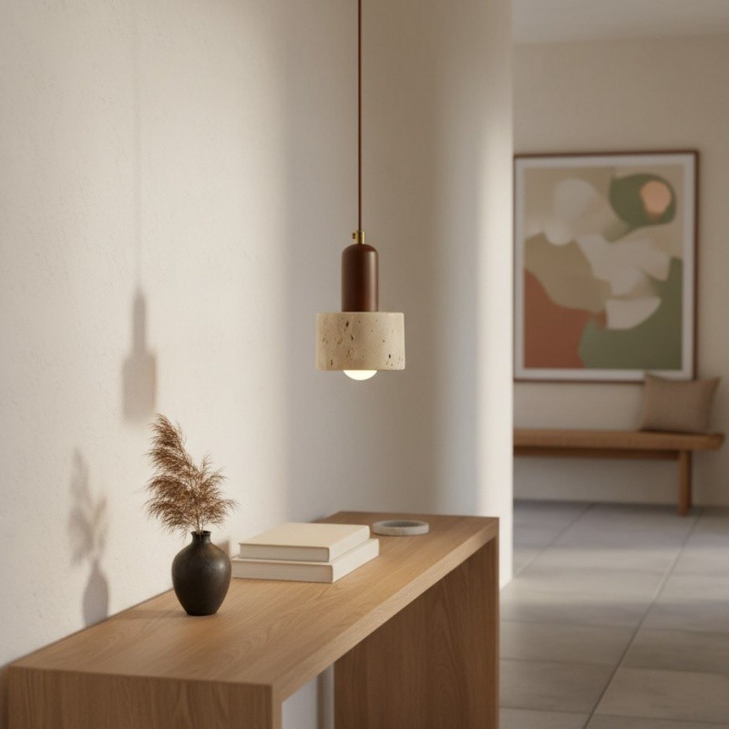 WabiLum Minimalist Japanese Travertine Wood Pendant Light - Elegant Home Lighting for Bedroom K2258