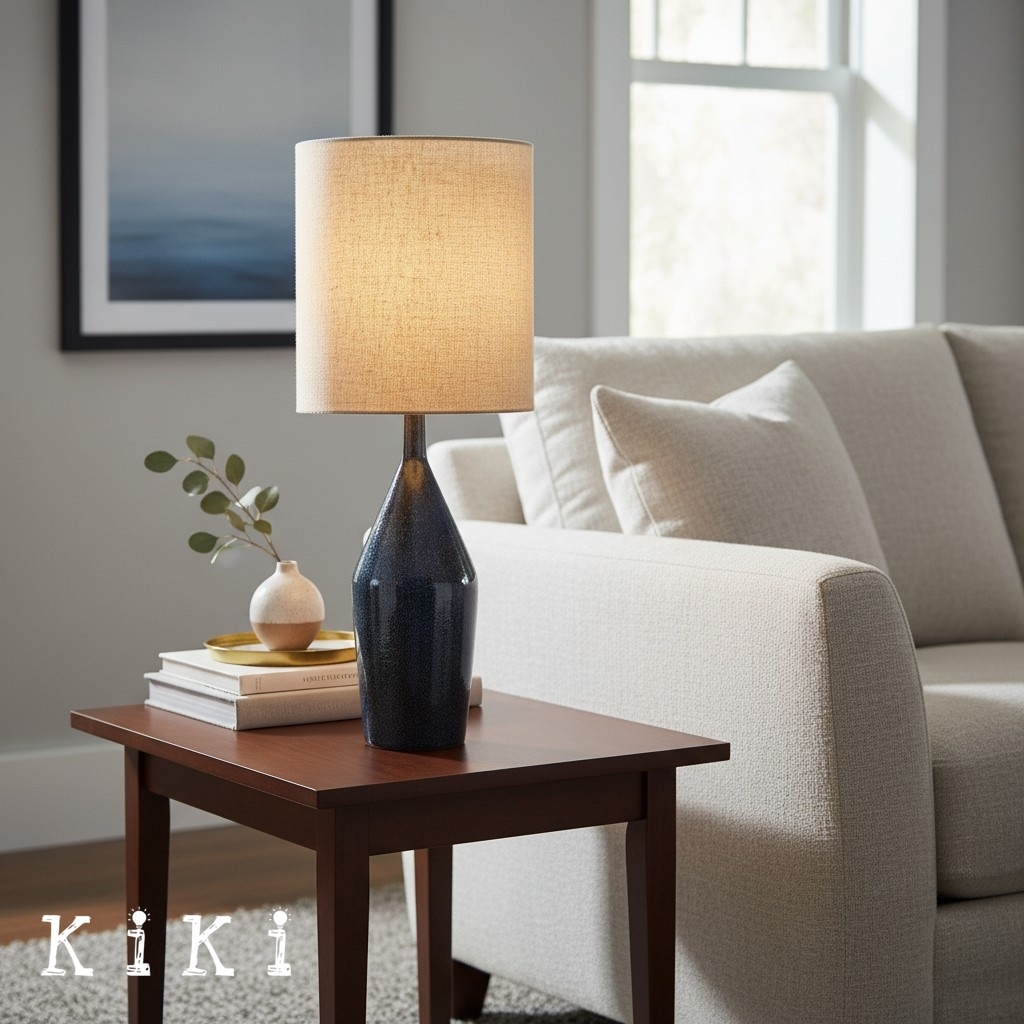 Lumo Modern Asymmetrical Ceramic Table Lamp - Cylinder Linen Shade for Living Room K2061