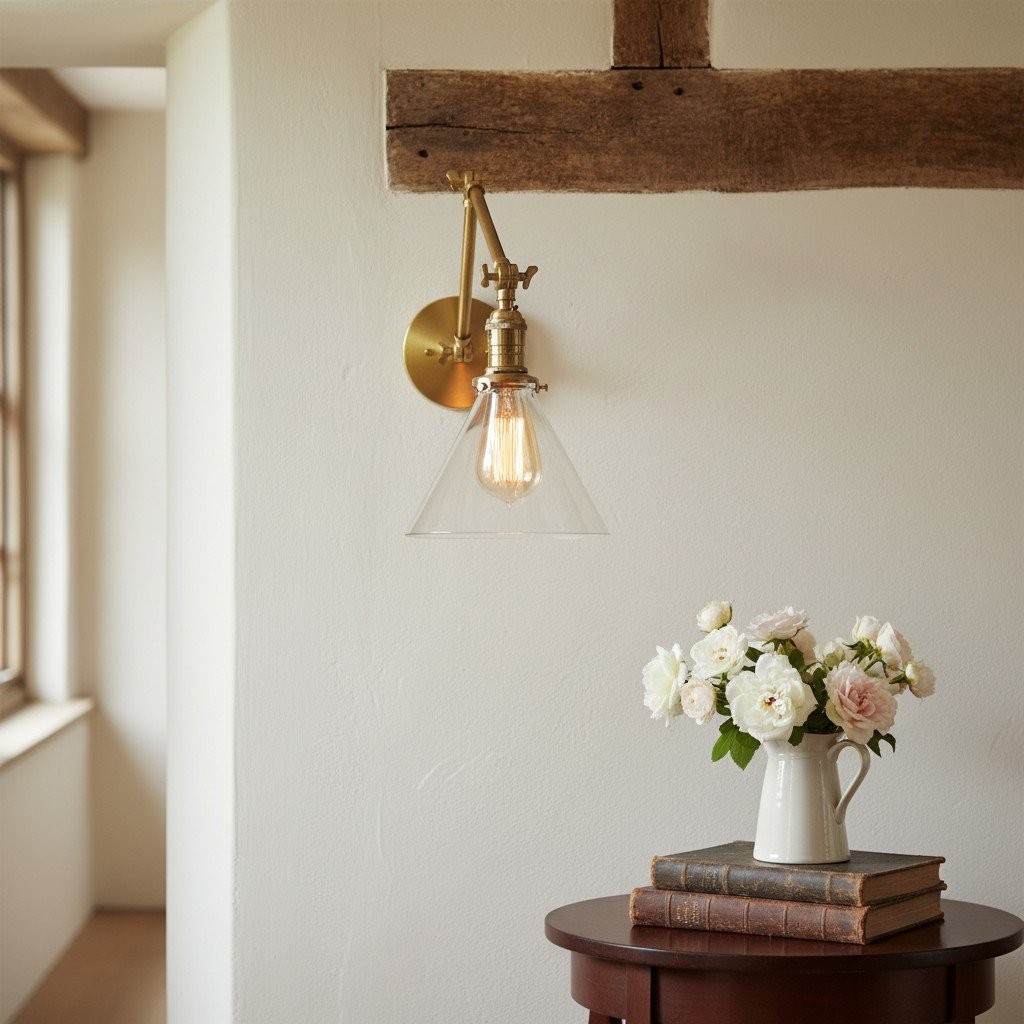 Conique Metal Industrial Wall Sconce with Adjustable Arm - Vintage Glass Cone Shade K1469