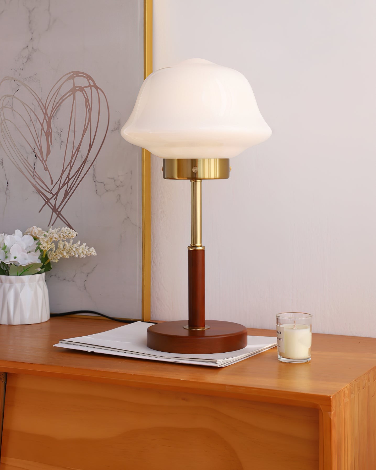Mid Century Vintage Walnut Glass Table Lamp K323
