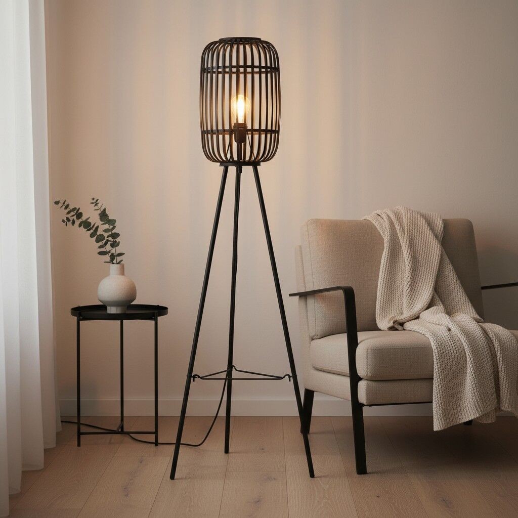 Yumeko Natural Woven Floor Lamp - Modern Scandi Bamboo Shade Standing Lamp for Bedrooms or Living Rooms K1940