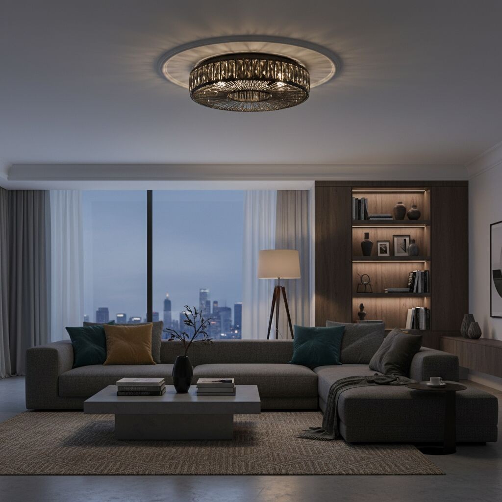 Glomar Glass Round Flush Ceiling Light - Modern Metal Glass Finish Living Areas K2119