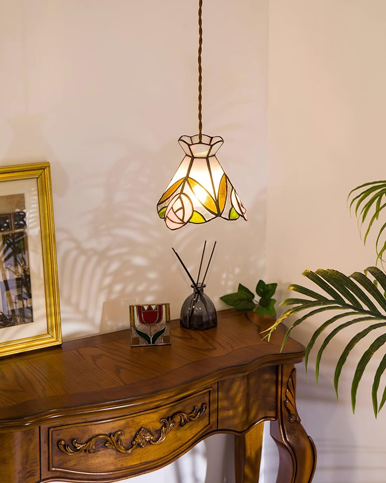 French Retro Rose Stained Glass Pendant Lamp K701