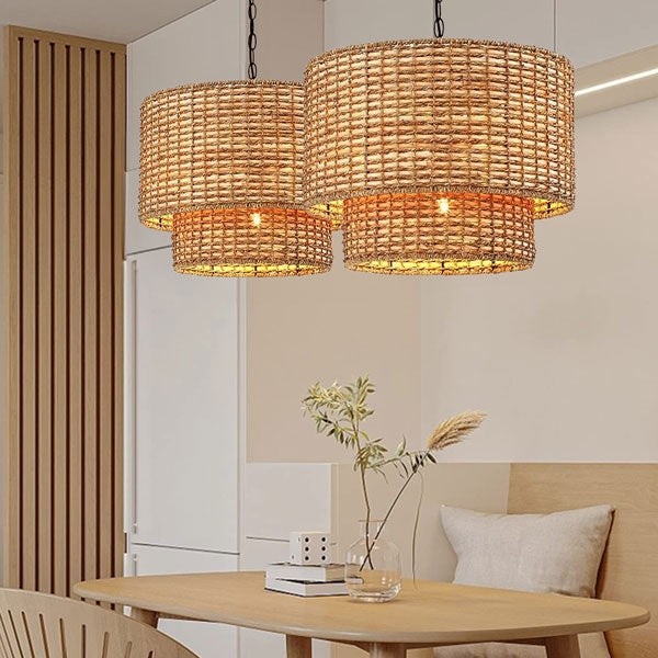 Natural Rattan Double Drum Pendant Light With Black Canopy K815