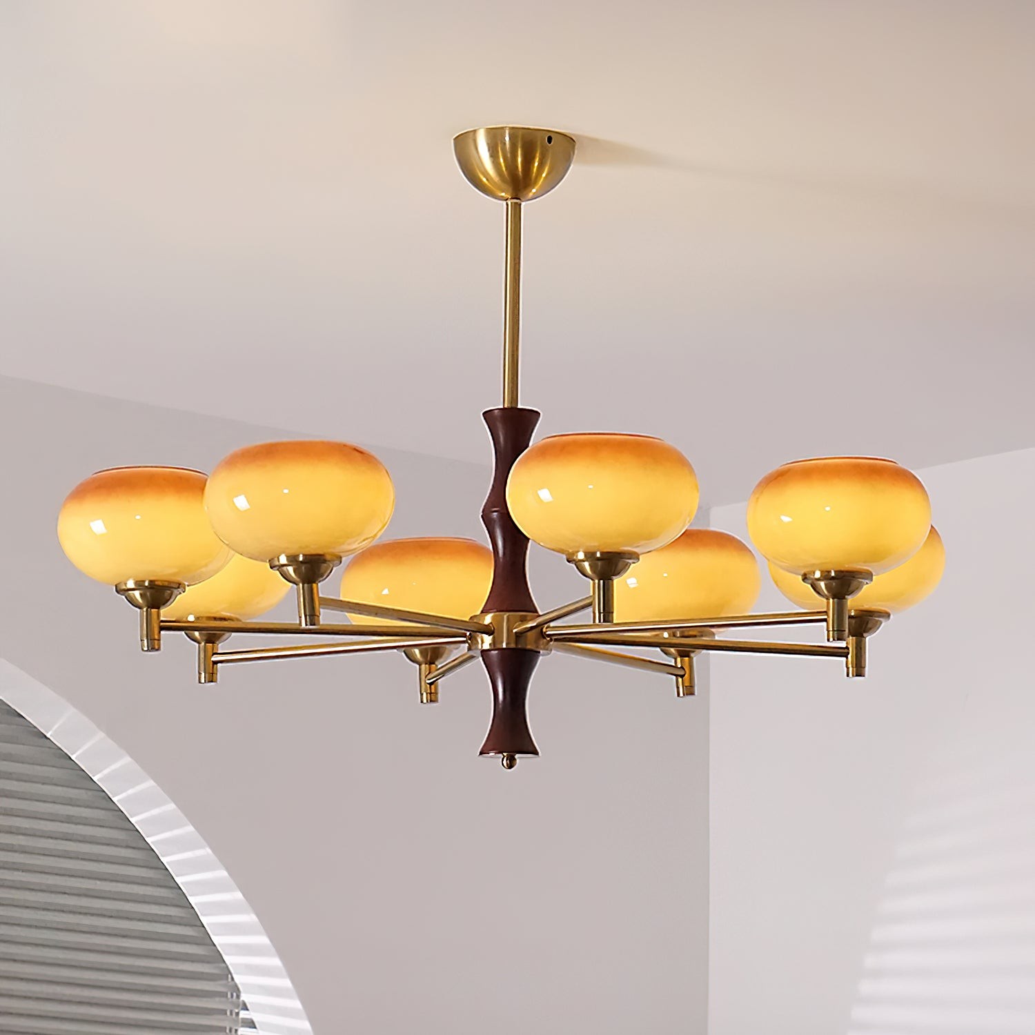 Vintage Mid Century Persimmon Glass Chandelier K757