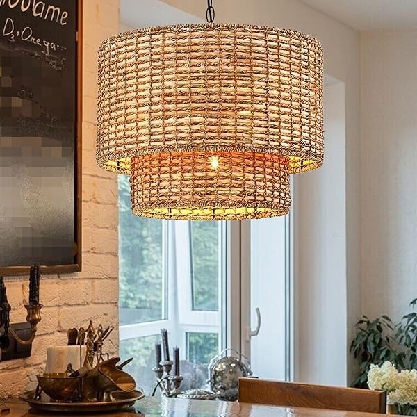 Natural Rattan Double Drum Pendant Light With Black Canopy K815