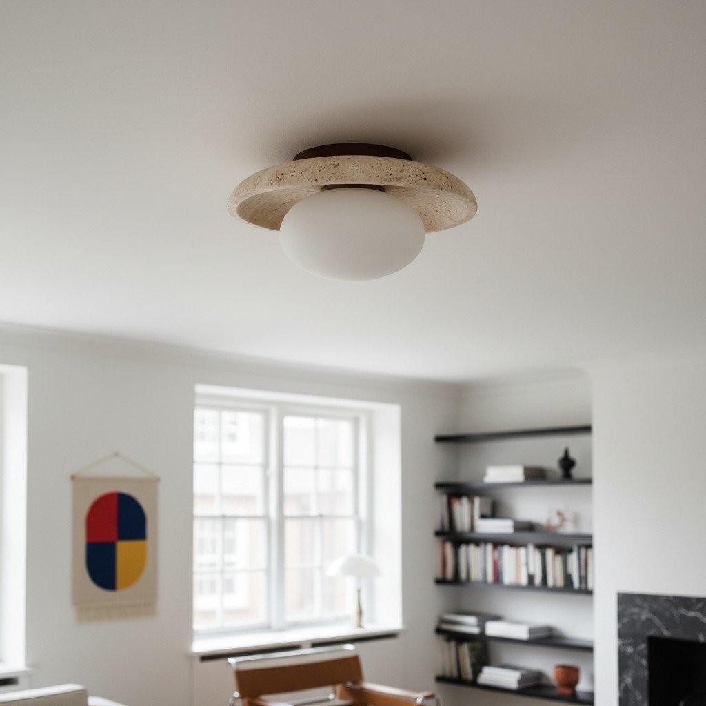 Calivra Modern Travertine Round Ceiling Light - Minimalist Flush Mount Lamp for Hallway and Bedroom K2079