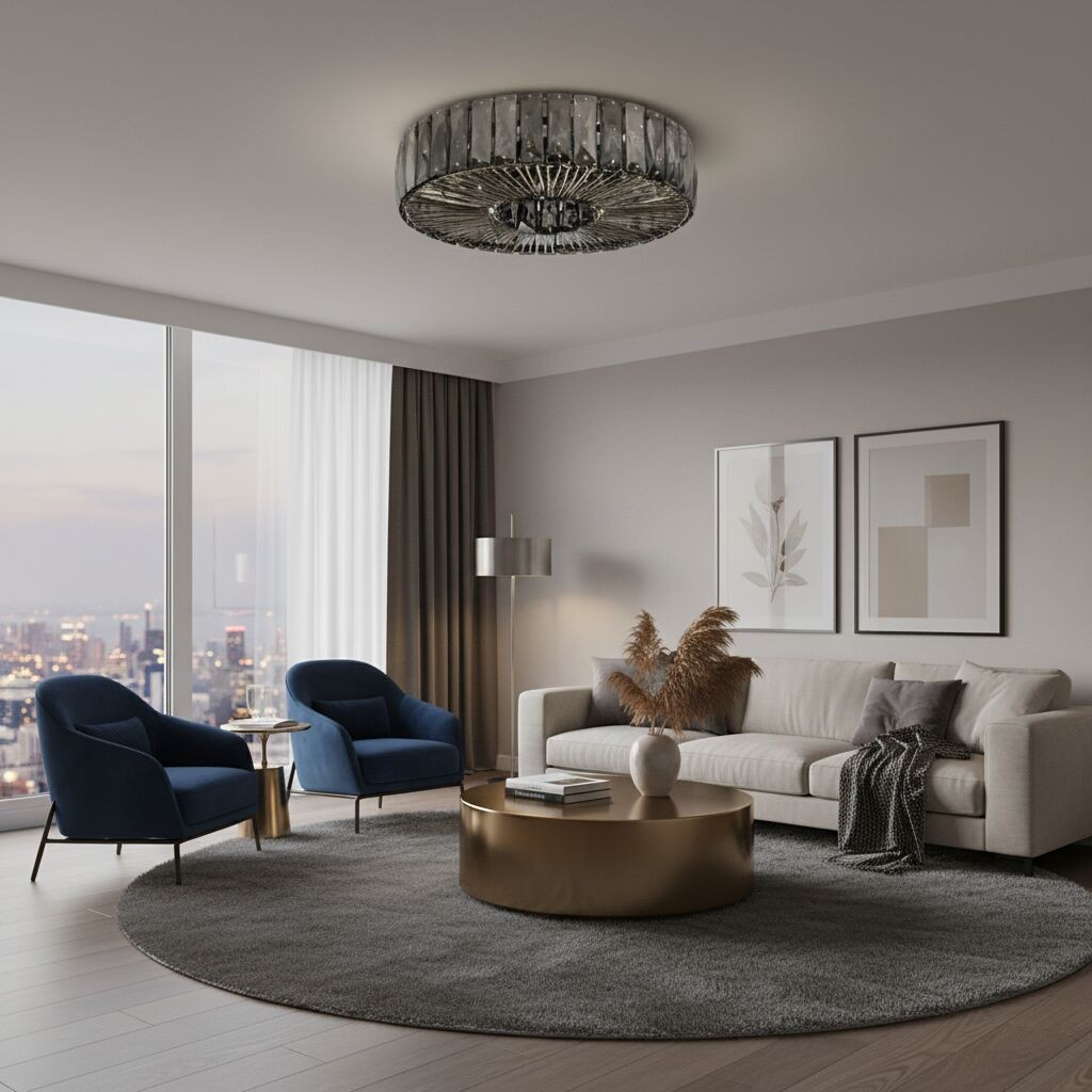 Glomar Glass Round Flush Ceiling Light - Modern Metal Glass Finish Living Areas K2119