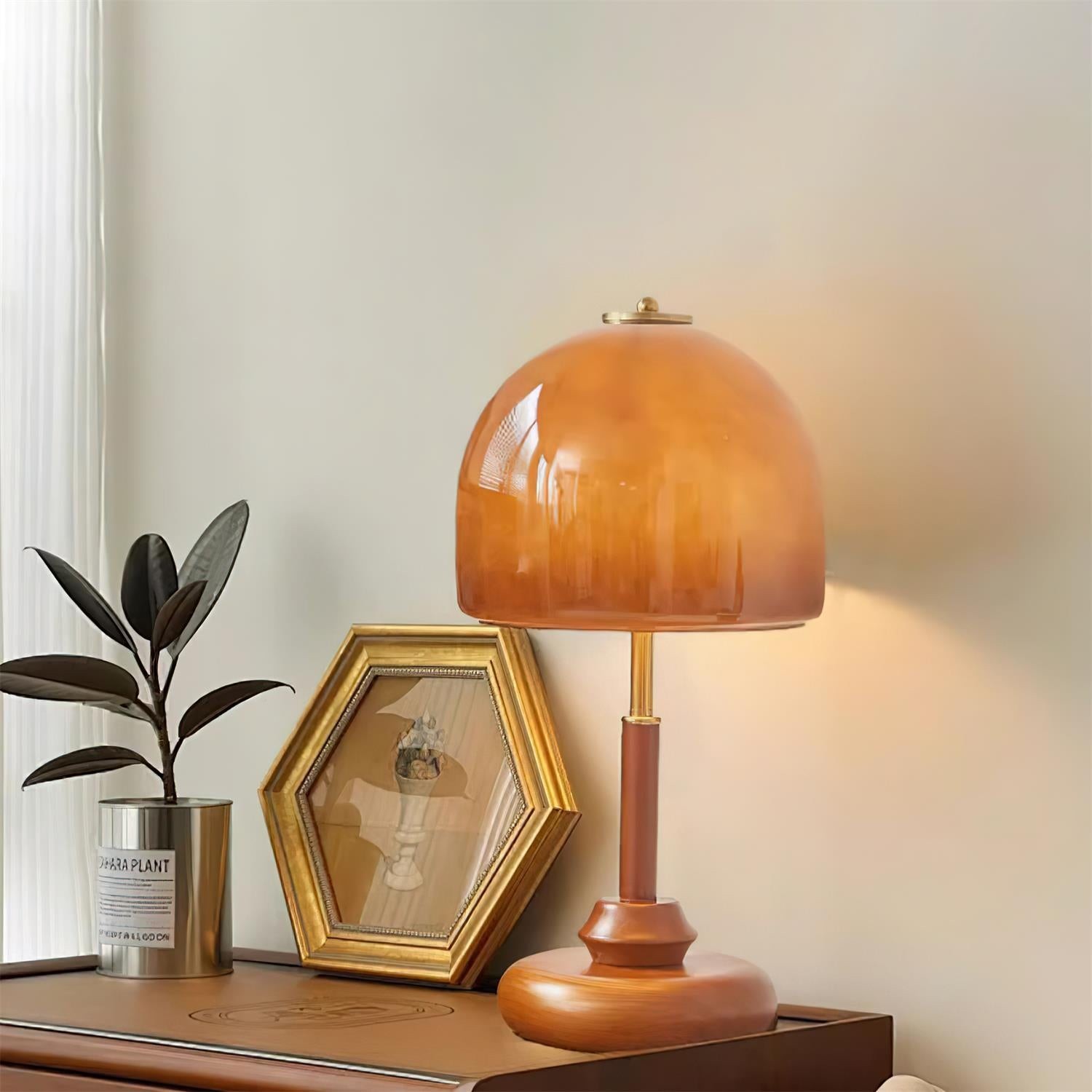 Vintage Brwon Dome Glass Bedside Table Lamp K189