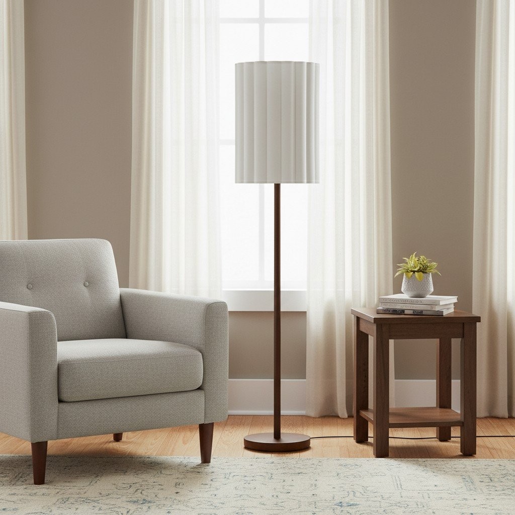 Linbron Wood Floor Lamp with Fluted Linen Shade - Scandinavian Modern Floor Light for Living Area K1683
