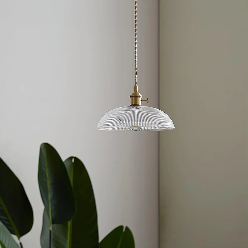 Retro Bowl Ribbed Brass Glass Pendant Light K94