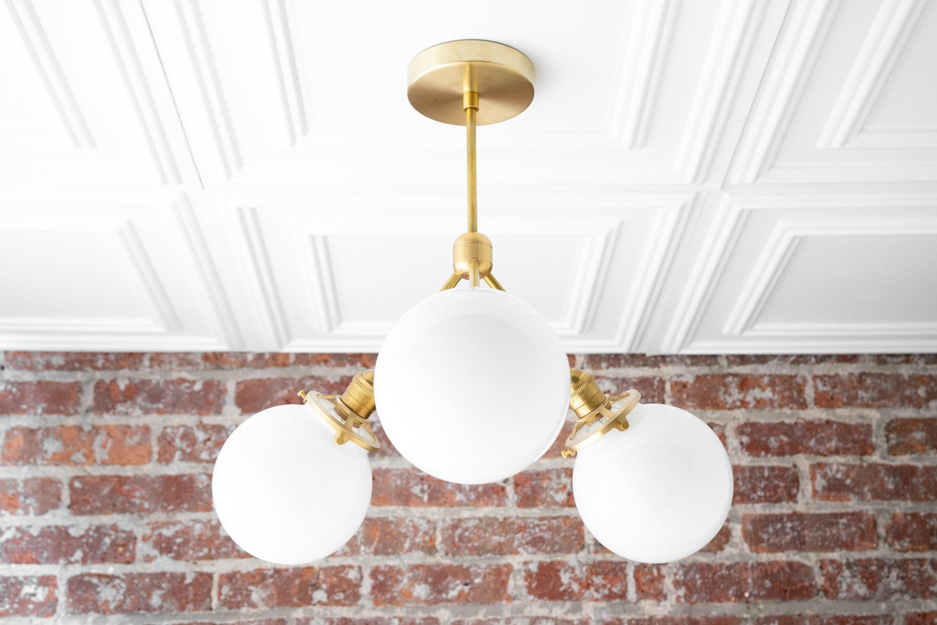 Glorica Glass Chandelier - Brass Globe Ceiling Light with Opal Shade K1468
