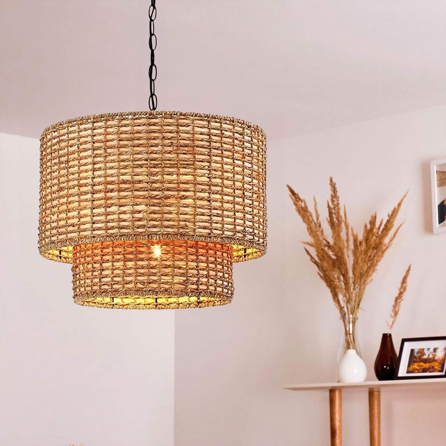 Natural Rattan Double Drum Pendant Light With Black Canopy K815