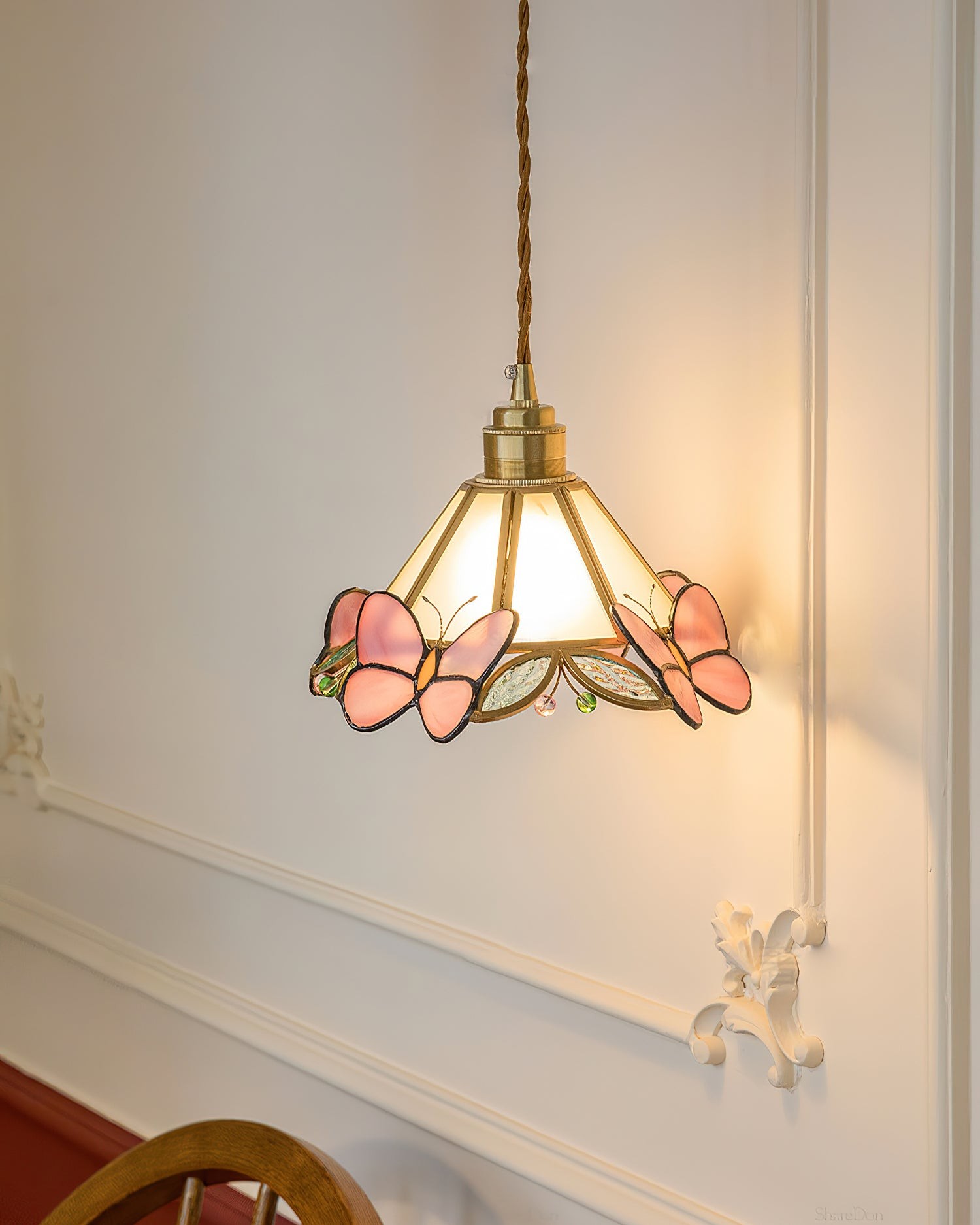 French Retro Glass Pink Butterfly Pendant Lamp K595