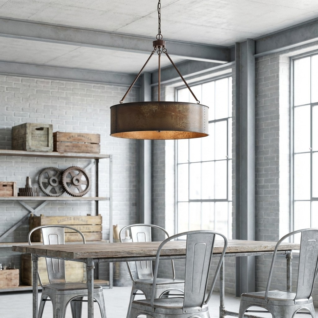 Velara Industrial Drum Shade Pendant Light - Industrial Style Hanging Fixture for Kitchen and Dining K2252