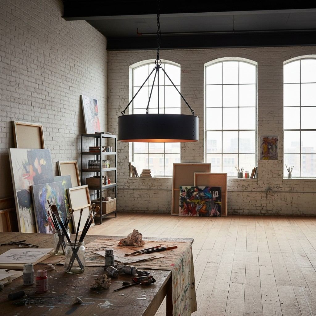 Dravik Contemporary Industrial Drum Pendant Light - Black Metal Pendant for Living or Dining Room K2245
